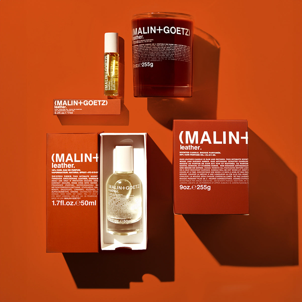Malin+Goetz leather bougie parfumée et leather parfum et échantillon