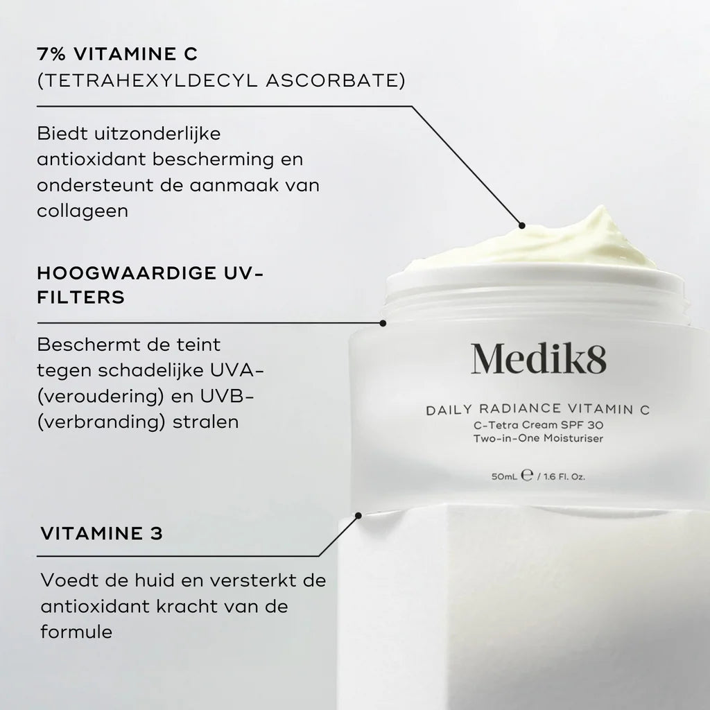 Medik8 Daily Radiance Vitamin C 50ml ingrédients 7 % de vitamine C et filtres UV