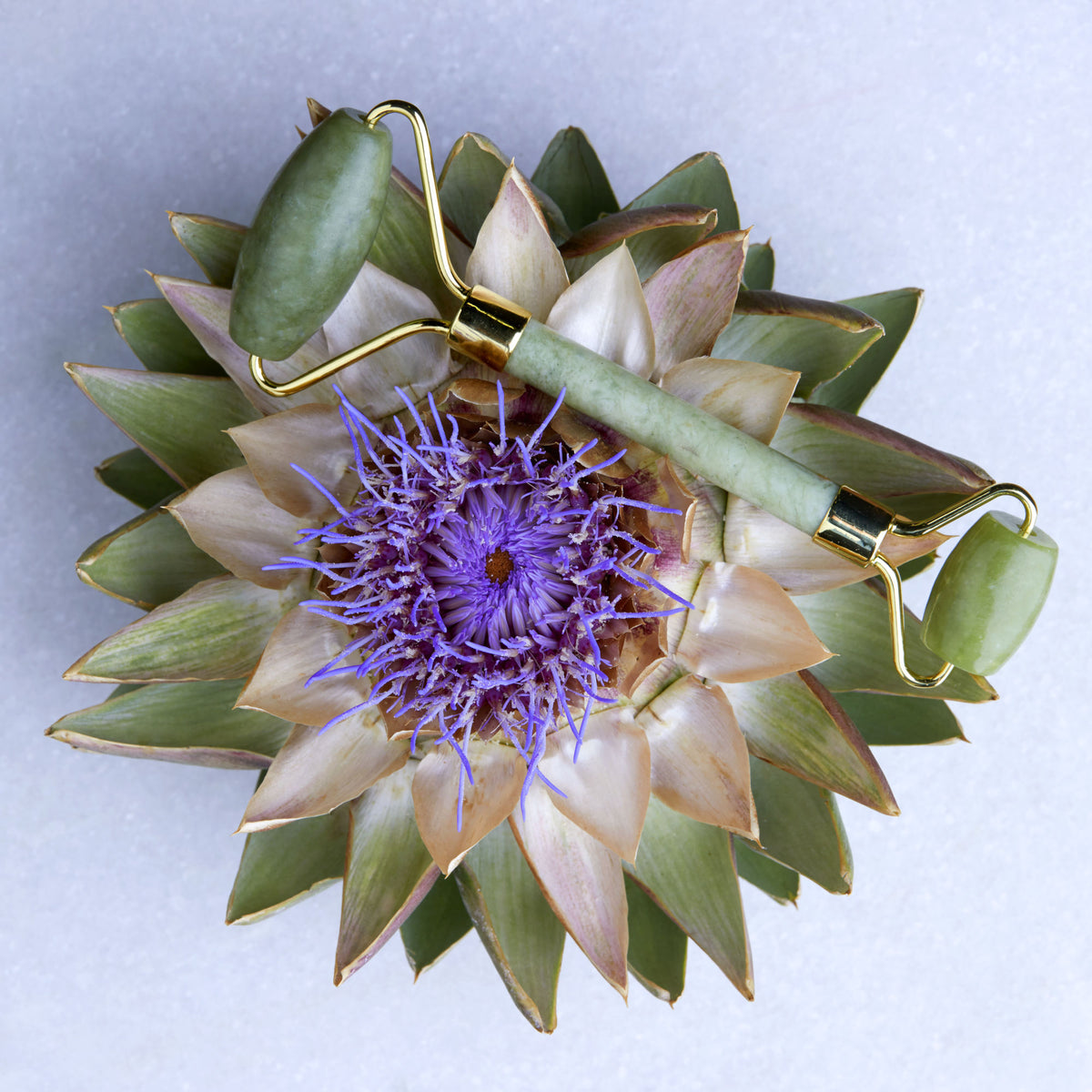 Oolaboo Jade Beauty Roller sur une fleur d’artichaut